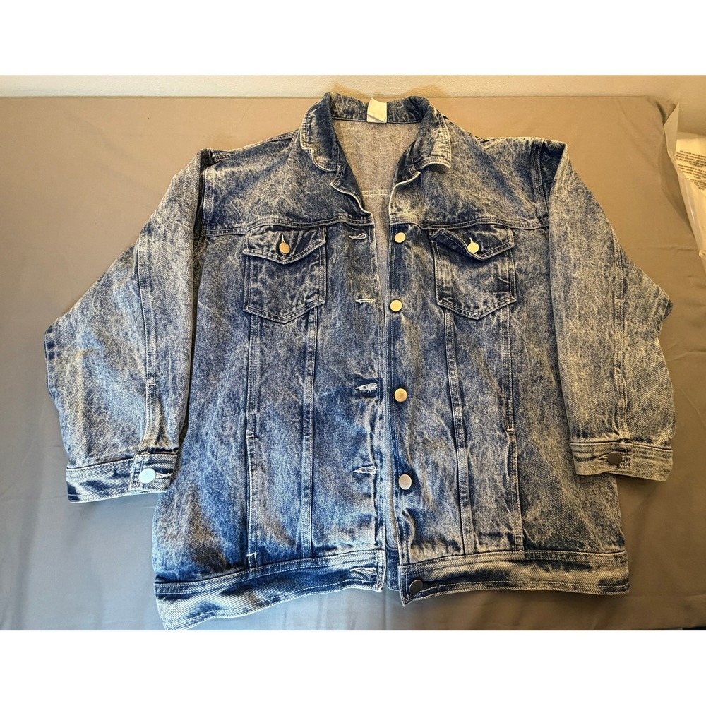 Vintage Acid Wash‎ Denim Jacket Blue Oversized 80s Trucker Jean Jacket Womens L